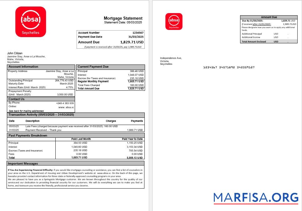 Printable Seychelles ABSA bank mortgage statement in Word and PDF formats sample